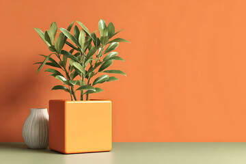 A vibrant green plant thriving in a modern orange geometric planter.
