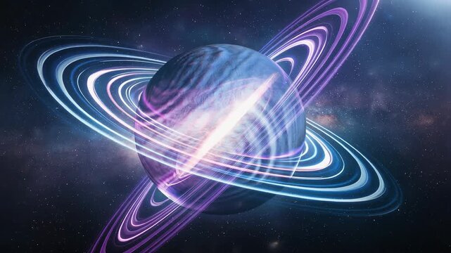 Explore a surreal, quadrupled vision of a ringed planet bathed in ethereal purple and blue light against a backdrop of distant galaxies and stars. Ideal for space-themed projects.