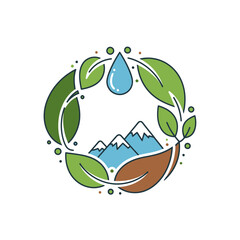 Nature environment logo with leaves, water drop, and mountains