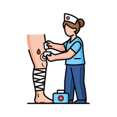 Nurse treating leg injury with first aid kit