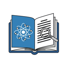 Open book with atom symbol, text, and magnifying glass