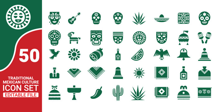 Collection of 50 dark green icons representing traditional elements of Mexican culture
