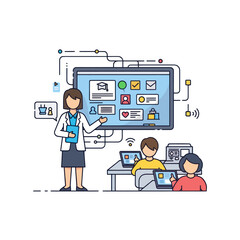 Teacher explains online learning platform to students with laptops