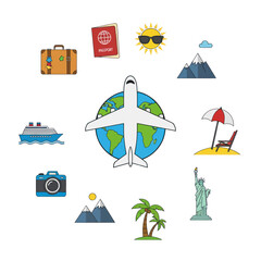 Travel and vacation icons with airplane and globe illustration