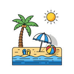 Tropical beach scene with palm tree, umbrella, and sun