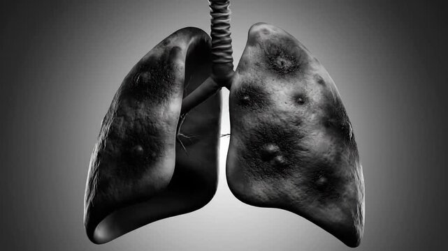 Damaged lungs with trachea, black and white, smoker's lungs, unhealthy lung tissue, medical illustration, anatomy, for educational or medical presentation