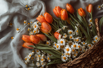 Vibrant bouquet of tulips and delicate white flowers in soft natural light