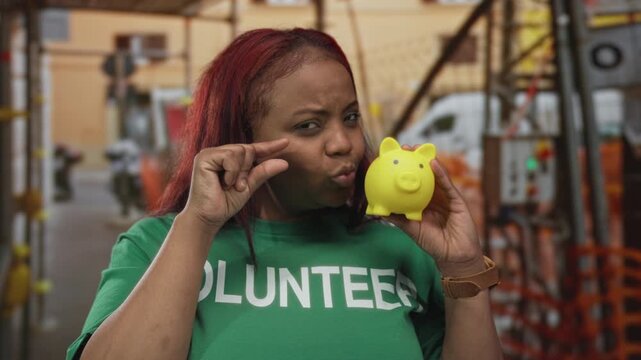 Woman wearing volunteer shirt pinches fingers near yellow piggy bank at construction site; frugality savings.