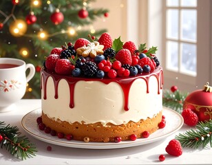 Festive dessert A layered cake with a white frosting, topped with berries and dripping red glaze, Christmas decor
