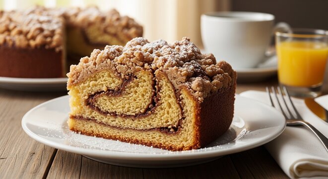 A slice of coffee cake with cinnamon swirl and streusel crumb topping on a plate with breakfast setting