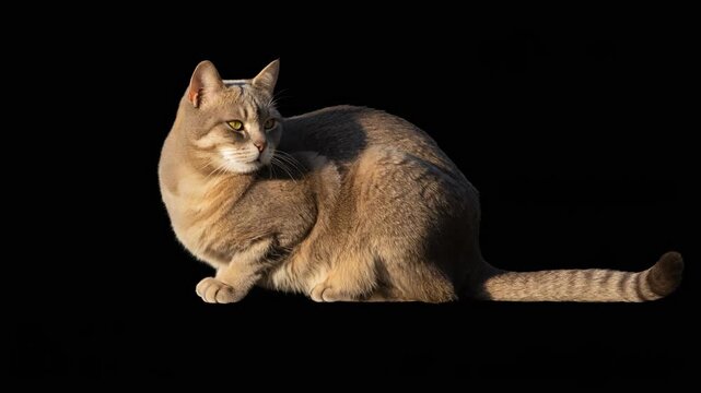 Watch four identical grey tabby cats perched identically, their fur catching studio light as they regard something unseen in the distance with curious golden eyes against a solid black void.