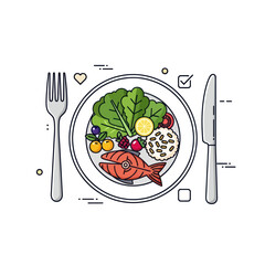 Balanced diet plate with fish, salad, rice, and berries