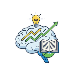 Brain, lightbulb, book, and arrow symbolizing learning, ideas, and growth