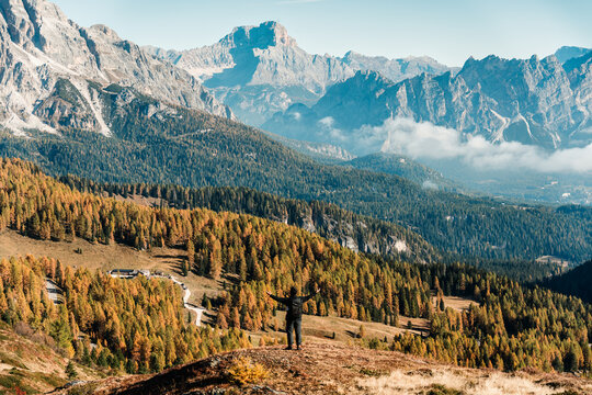 A man backpack stands overlooking autumn larch forest and Dolomites mountain in Italy