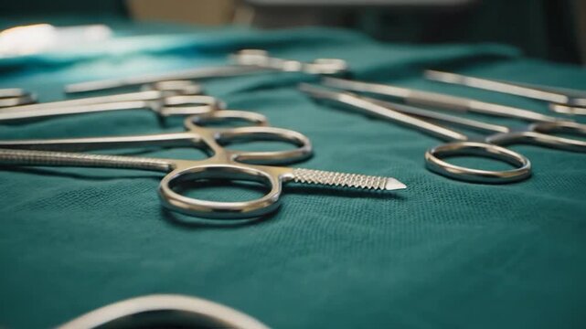 Close-up view of sterile surgical instruments on a green operating table drape.
