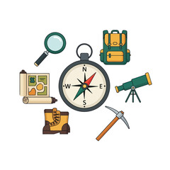 Collection of outdoor adventure and exploration equipment icons
