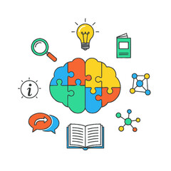Colorful brain puzzle surrounded by learning and idea icons