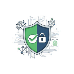 Digital security shield with padlock, checkmark, network, fingerprint