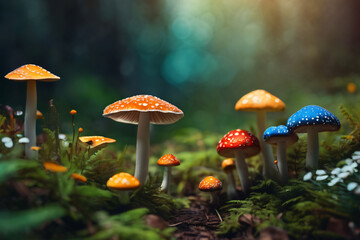 Fototapeta premium Bright red mushrooms in forest scenery. Enchanted woodland scene features vibrant red mushrooms with speckled caps nestled in green moss. Delicate wildflowers, including little blooms, dot forest floo