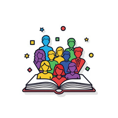 Diverse group reading and learning from an open book.