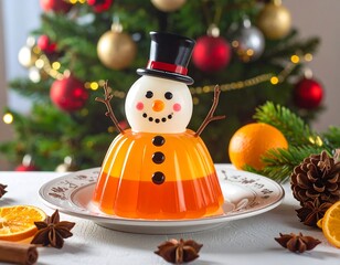 Festive dessert on a plate, snowman-shaped, adorned with a black hat, in front of a Christmas tree