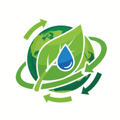 Earth globe with green leaf, water drop, and recycling arrows