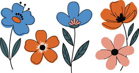 Colorful illustration of five flowers in blue orange and pink hues on white background