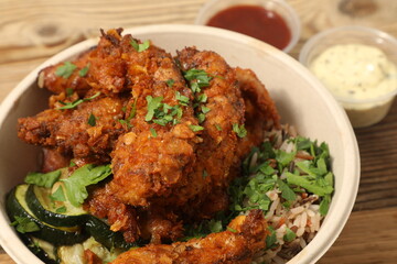 Fototapeta premium Poulet frit et riz dans un bol avec sauces