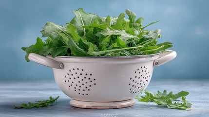 Fresh leafy green vegetables placed in a white kitchen colander on a rustic surface. Clean food photography concept representing healthy eating, organic produce, plant-based diet, and home cooking 