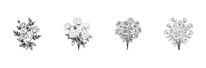 Floral Bouquet Illustrations In Hand Drawn Style Set. Elegant Botanical Art, Vintage Flower Sketch Collection. Nature-Inspired Decorative Design. Isolated Vector Illustration