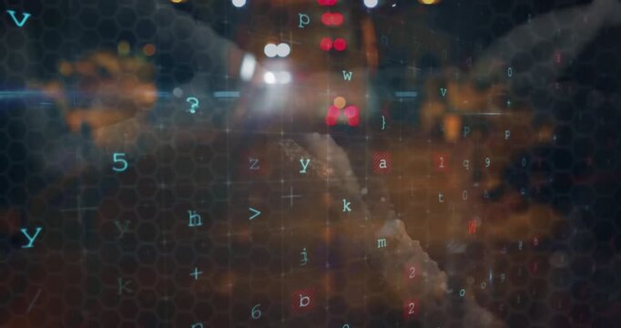 Headlight flash starting hex grid shifting, forming red cybersecurity labels to signal threats