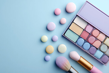 Assorted makeup and beauty tools arranged on a light blue background