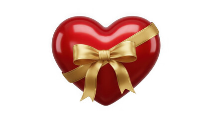 3D Glossy Red Heart with Golden Ribbon Bow &ndash; Luxury Valentine Gift, Love and Romance Concept Isolated on Transparent Background