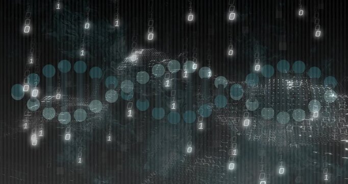 Dotted helix undulating across grid, triggered by falling binary glyphs, pulsing to show data flow