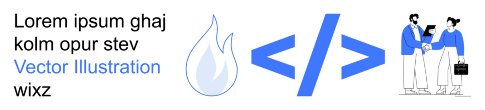 Tech development, programming, fire hazards, web design, collaboration, coding. Blue coding symbol, flame icon and handshake graphic. Tech development and programming concepts