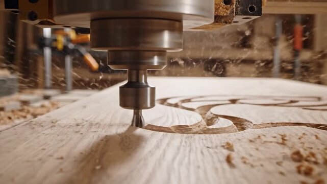 Automated CNC machine precisely carves intricate designs into a wooden surface