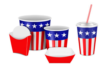 Takeout food paper packaging with USA flag white, blue, red color print design. American patriotic party stars and stripes style takeaway container set. Realistic easy editable vector © JAYANNPO