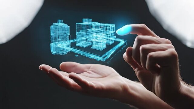 A glowing, digital building model floats between two hands, displayed against black
