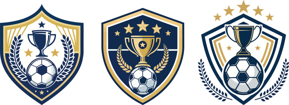 Premium soccer shield emblem collection with gold cup, stars and winner badge vector illustration