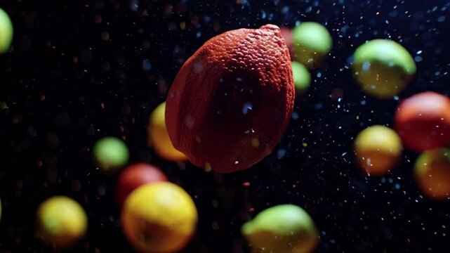 Vibrant Cocoa Pods Floating in Dark Space.