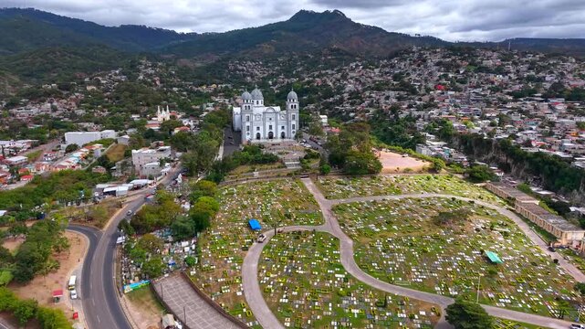 Beautiful aerial view of Basilica of Our Lady of Suyapa an its cemetery in Tegucigalpa, iconic religious landmark and national shrine of Honduras