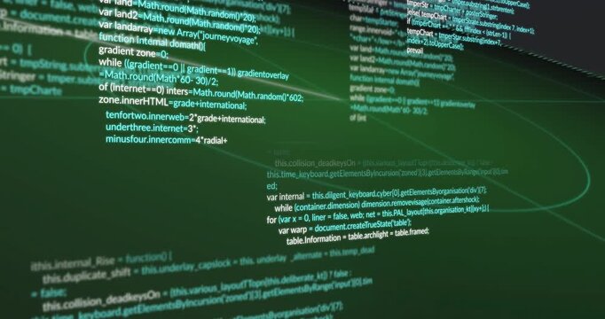 Camera dollying and panning right, revealing code panels and neon paths, showing code flow