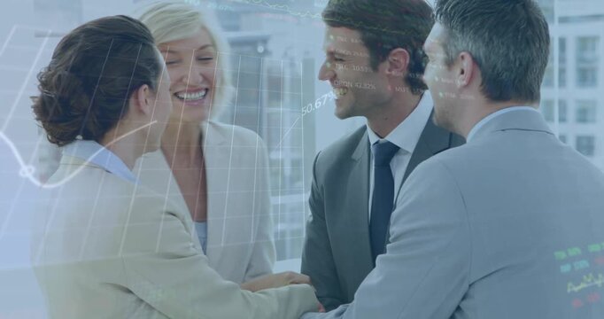 Four business execs converging into hand stack, stacking hands sealing deal with charts overlaying