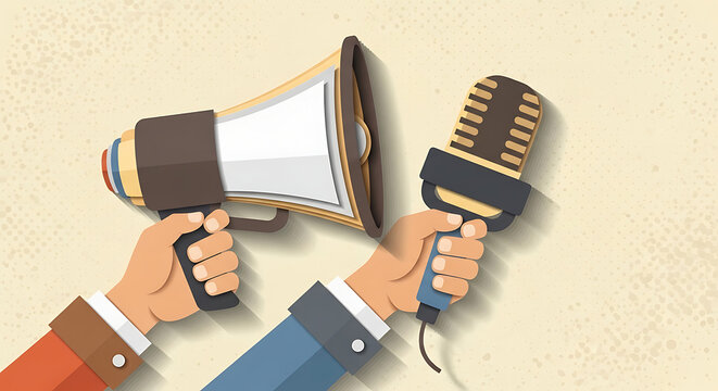 A hand holding a microphone, megaphone, and comb represents a versatile blend of professional recording equipment and entertainment for a singer, journalist, or reporter during a studio interview or m