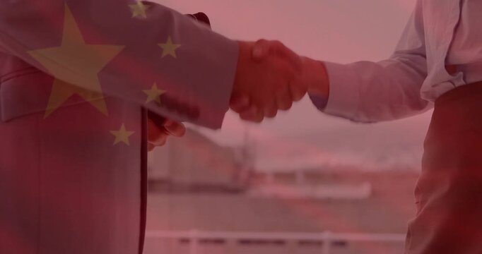 Biz pros swapping card on terrace for intro, portfolio handing while red overlay animating shaking