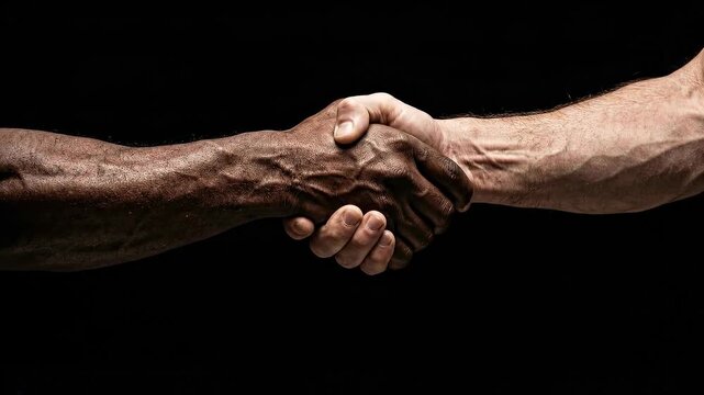 Two men, african american and caucasian, shaking hands on a black background, symbolizing unity, partnership, and cooperation. A business and friendly union.