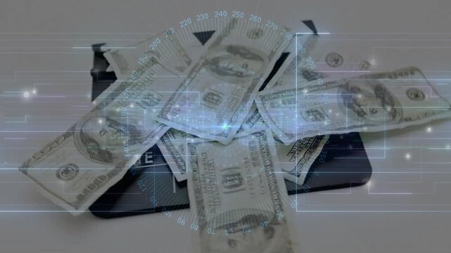 HUD overlay pulsing, causing US bills sliding and fanning across dark booklet to visualize currency