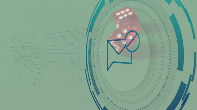 Circular HUD mail icon staying fixed as red dice entering top-right, rolling left, signaling shift
