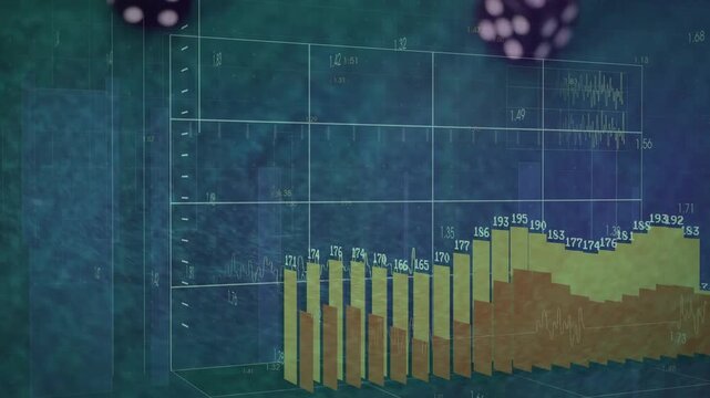 Two dice entering grid, bars materializing and growing, dice rolling to visualize histogram trend