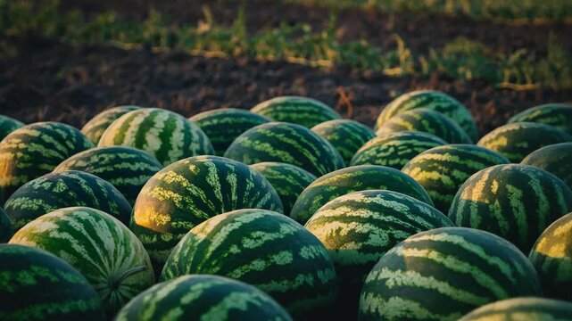 A warm, golden sunset illuminates a sprawling watermelon patch, each fruit glistening with moisture, promising refreshment and sweetness as harvest time nears.